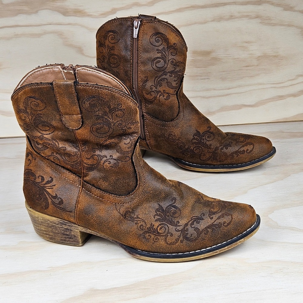 Roper Womens Distressed Brown Embroidered Scroll Western Ankle Boots Size 10